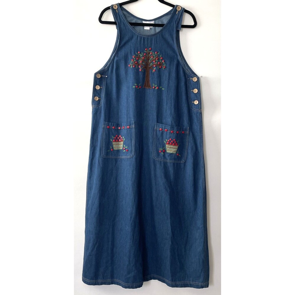 Casey Coleman Denim Jumper Dress Sleeveless Embroidered Blue Size M-mpv